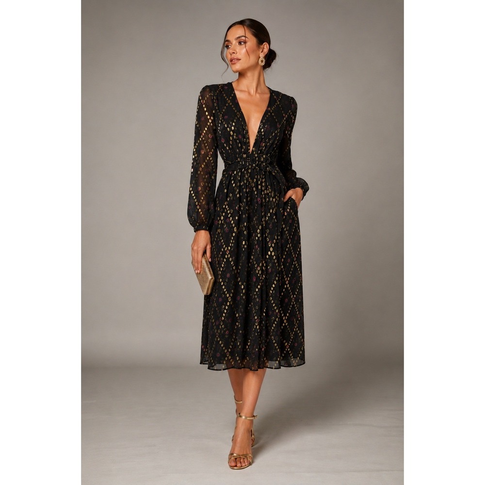 A.L.C. Black Metallic Silk Midi Dress Sz 0 Belted Sheer Luxe Holiday Glam Retro